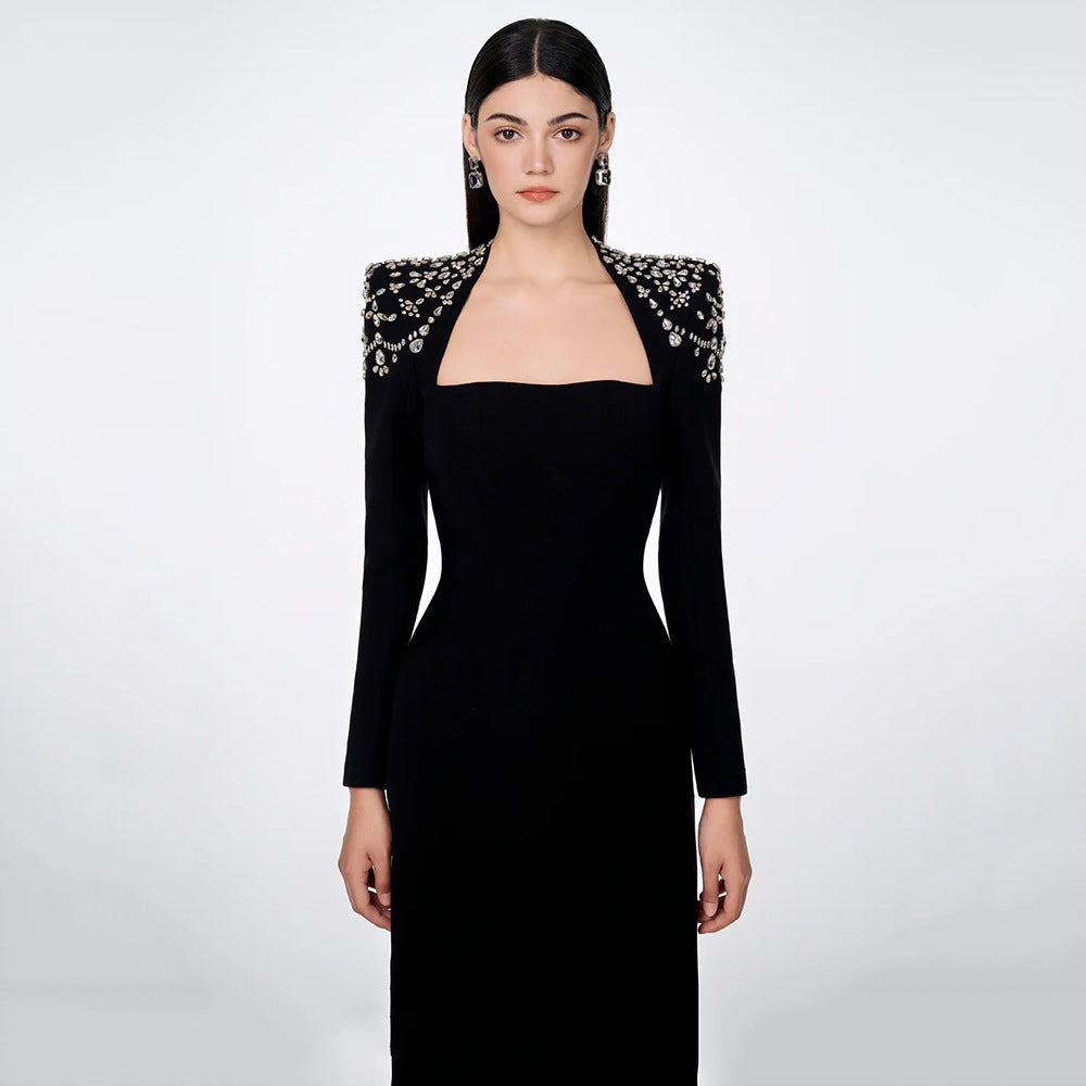 Square Neck Rhinestone Shoulder Cut Out Long Sleeve Bandage Dress