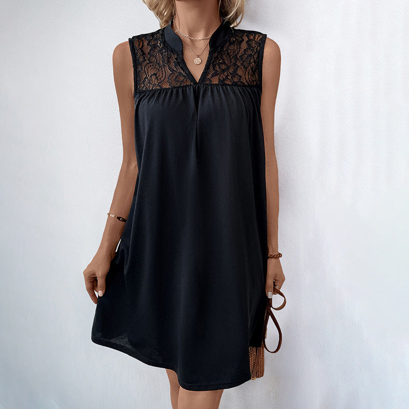 Lace Yoke Split Neck Sleeveless Loose Shift Mini Dress
