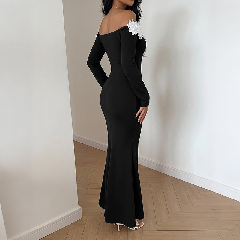 Elegant Lightly Mature Three Dimensional Floral Stitching off Neck Long Sleeve Dress