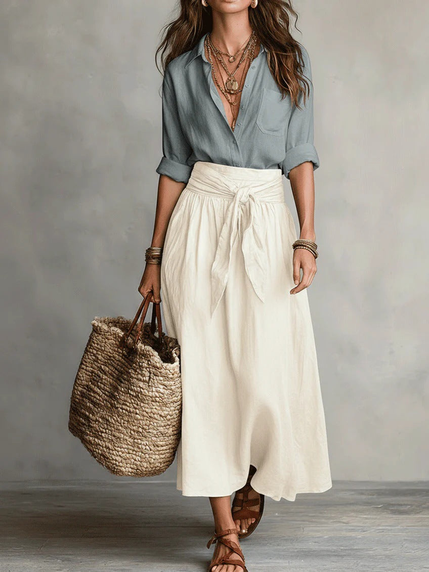 Button Front Shirt and Tie Waist Maxi Skirt Two Piece Set