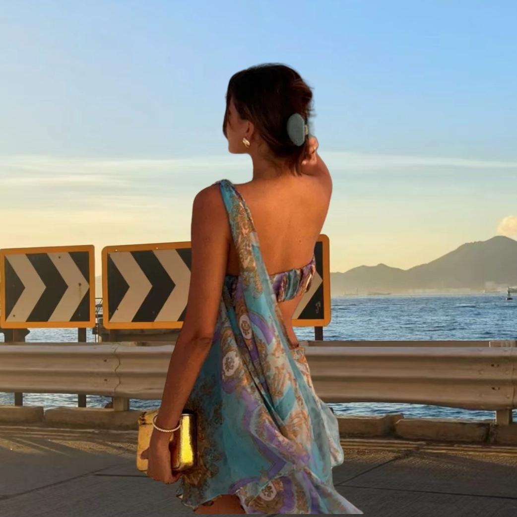 One Shoulder Twist Front Cut Out Flowy Mini Dress