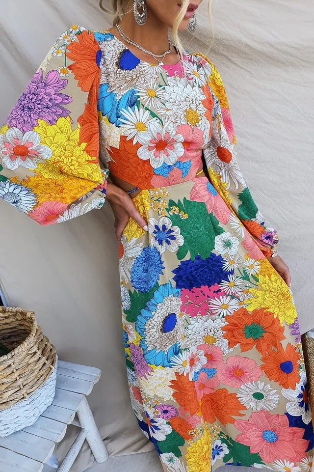 Floral Print Puff Sleeve Cut Out Waist Summer Maxi Dress