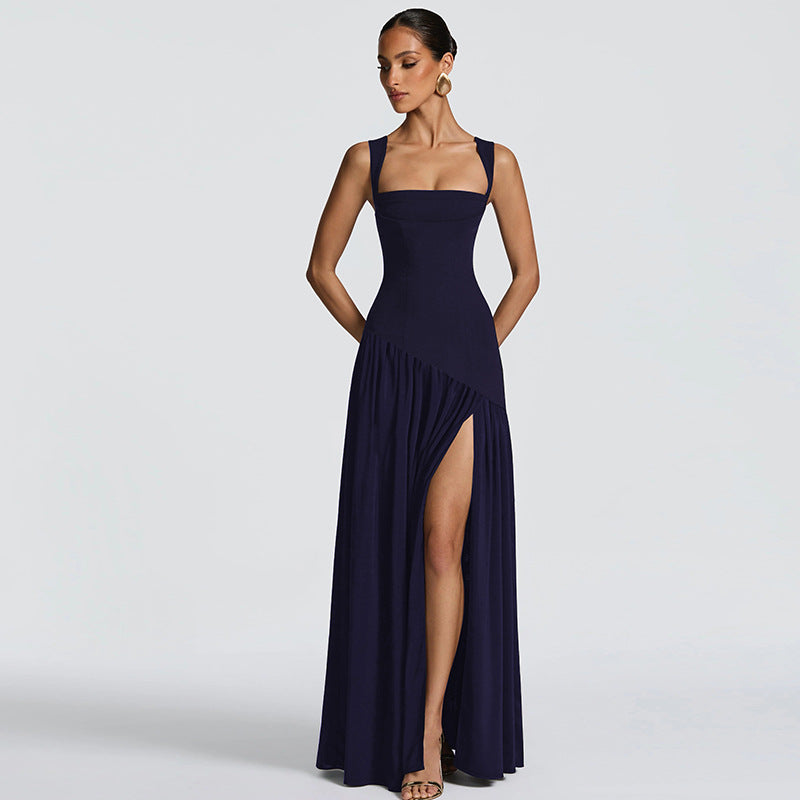 Square Neck Sleeveless Scarf Neck Asymmetric Waist High Split Maxi Dress 2