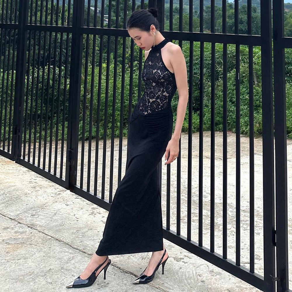Sheer Cutout Lace Breathable Backless Sleeveless Black Slim Dress - View 4
