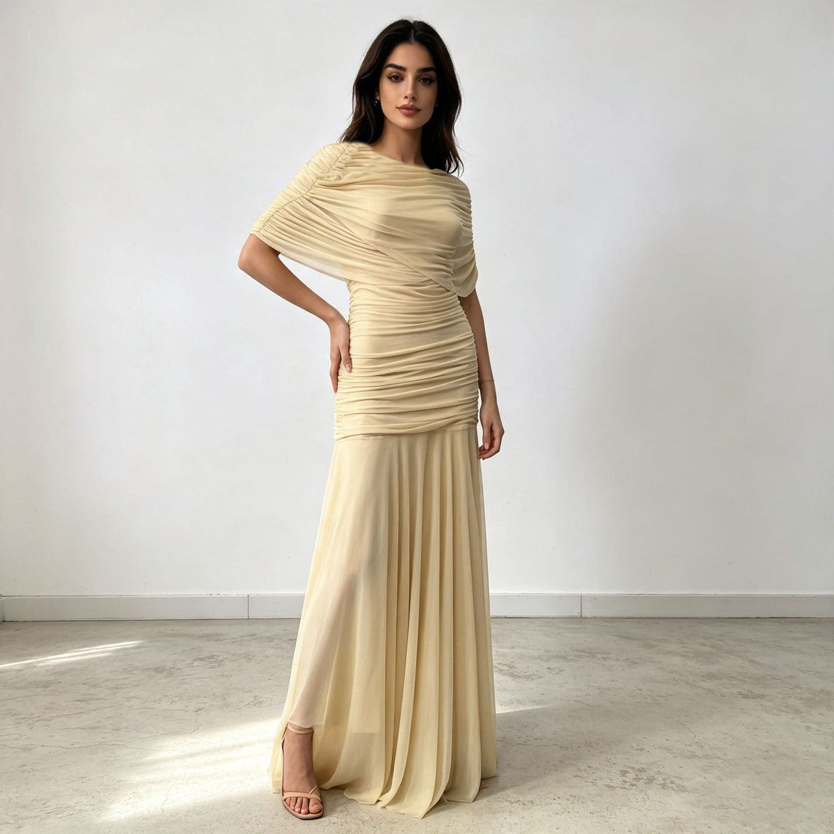 French Slim Dress Sleeveless Pile Collar Waist Pleating Slimming Long Gauzy Gown Dress