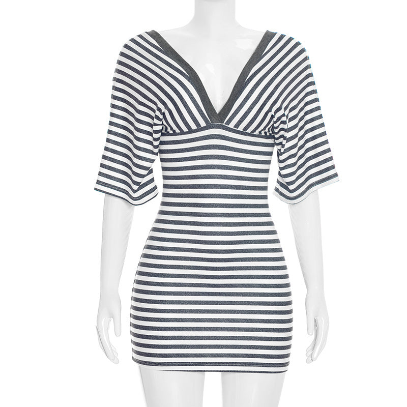 Striped Deep V-Neck Short Sleeve Bodycon Mini Dress 2