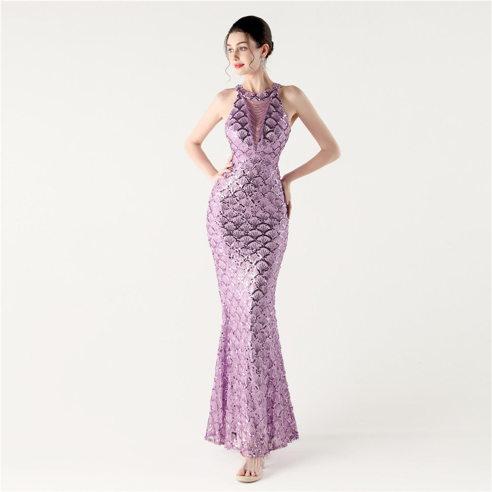 Sequin Halter Neck Backless Mermaid Maxi Evening Gown