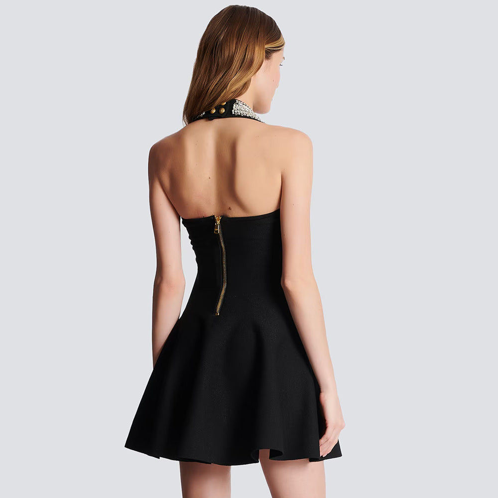 Rhinestone Halter Neck Sweetheart Button Front A-Line Mini Cocktail Dress