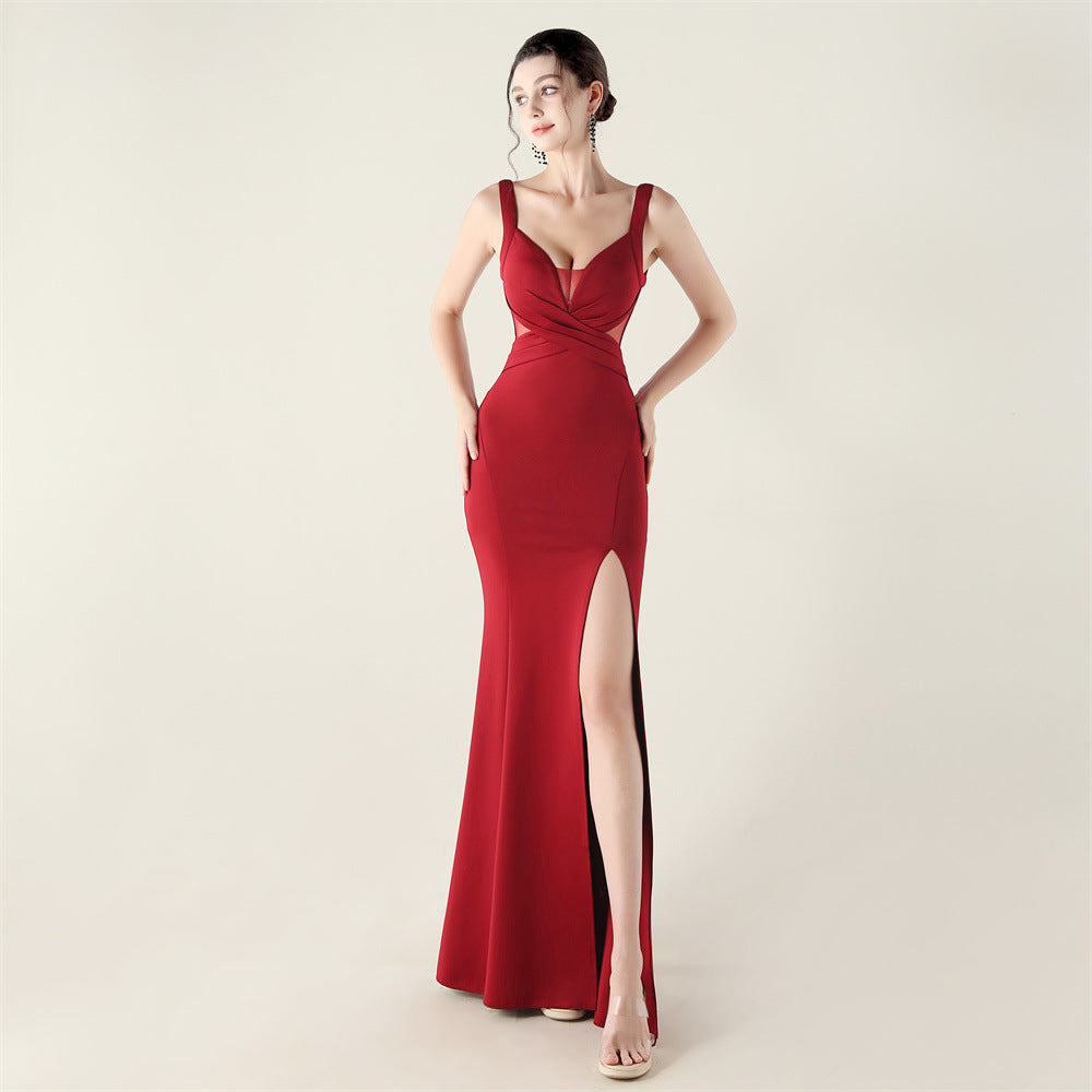 Cross Pleated Hollow Out Cutout Mesh Deep V Plunge neck Evening Dress Slim Fit Cocktail Shirt Gown