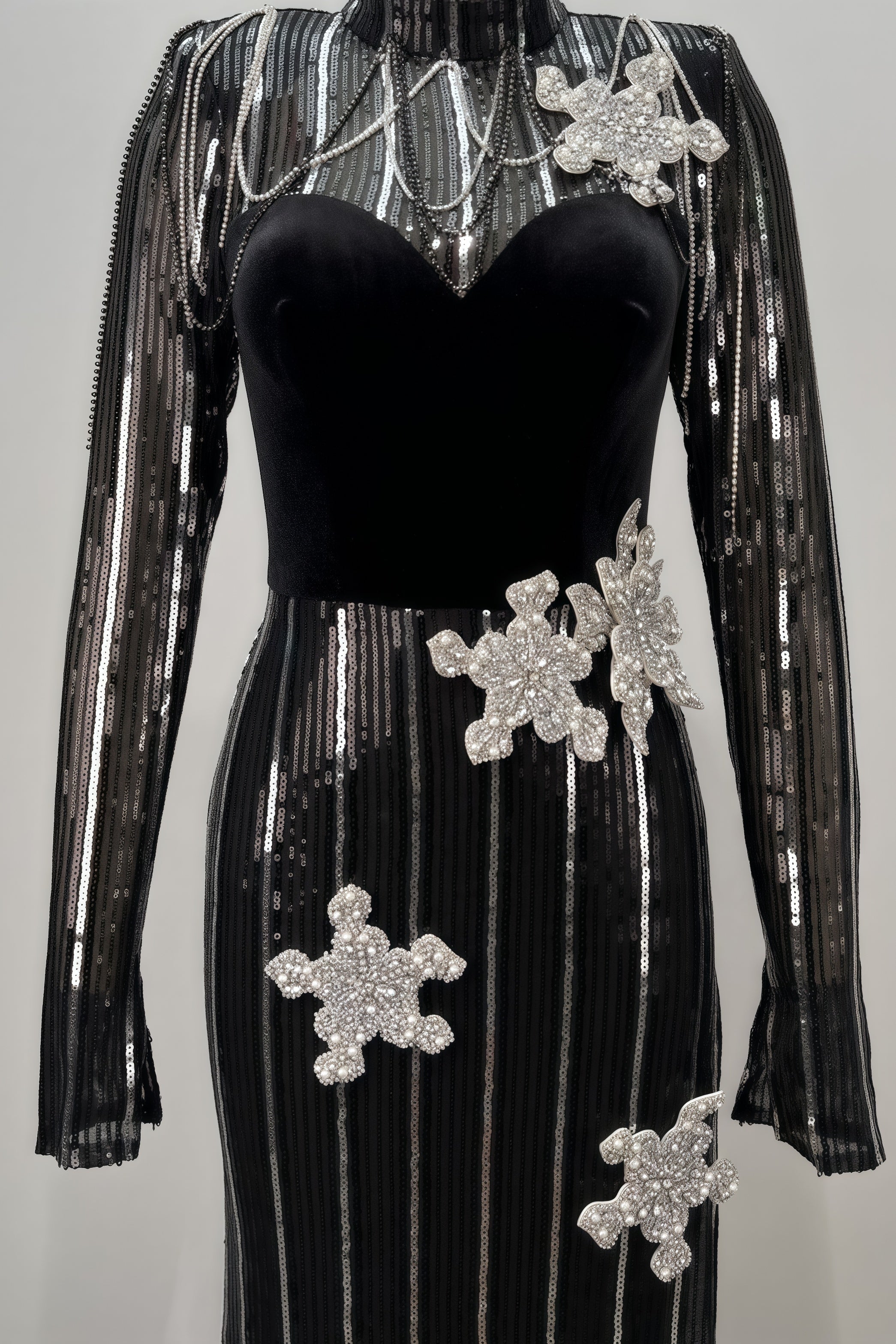 Sequin High Neck Long Sleeve 3D Flower High Split Maxi Gown