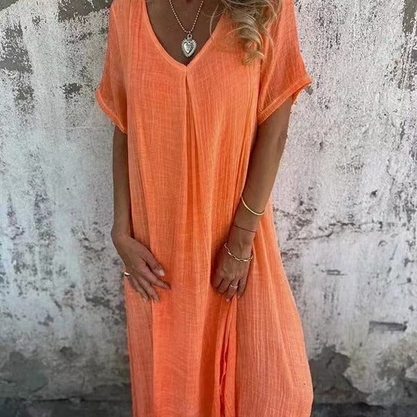 Gauze Deep V-Neck Short Sleeve Box Pleat Midi Dress
