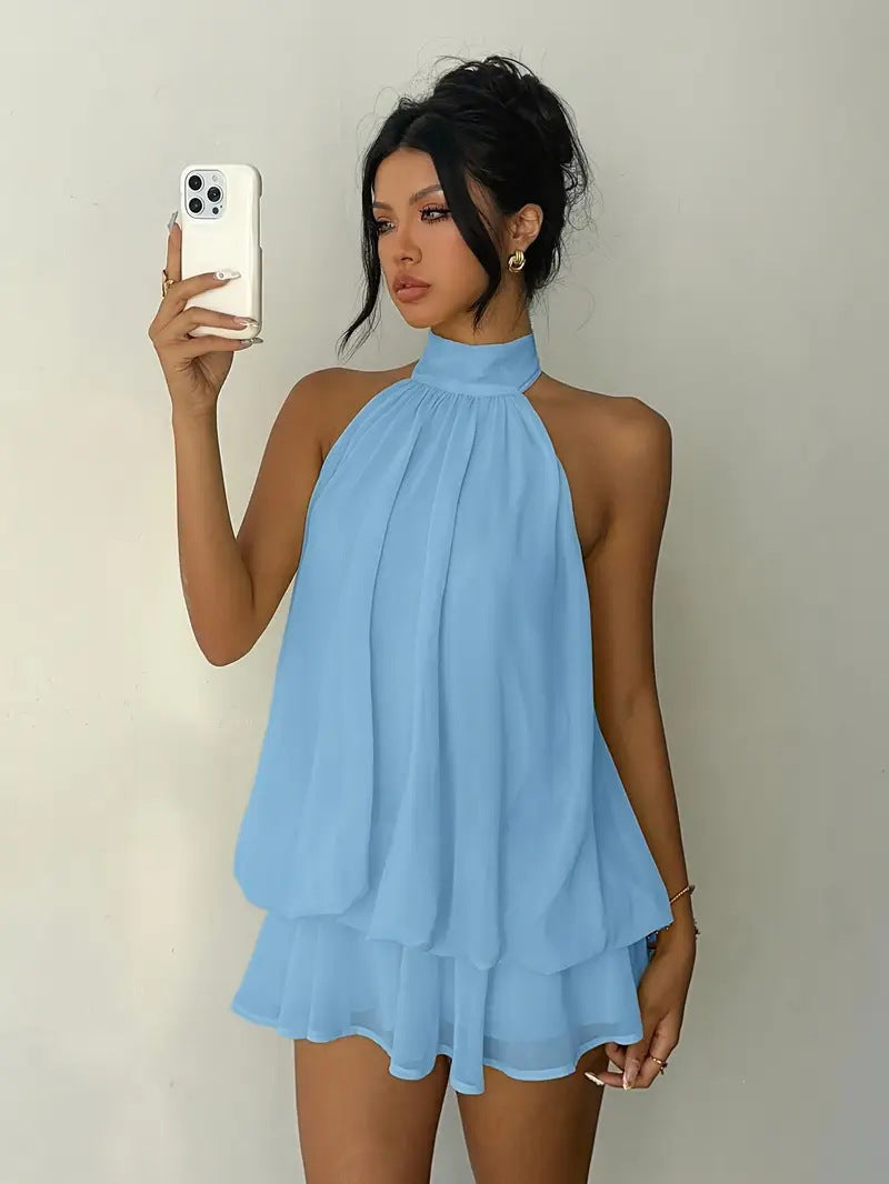 Sheer Chiffon Halter Neck Backless Layered Ruffle Mini Dress 8