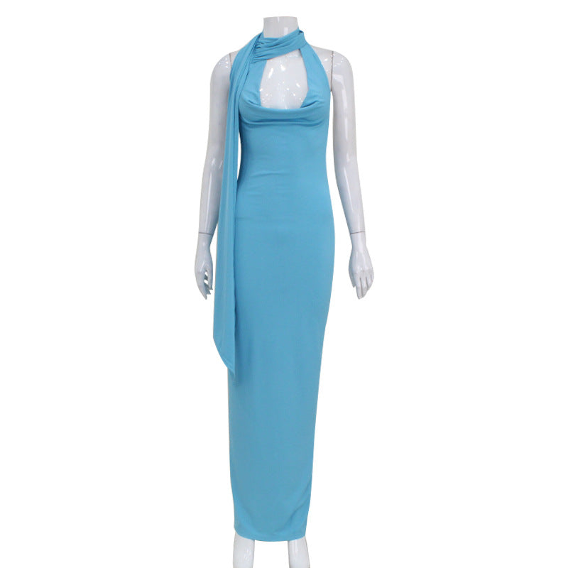 Ribbed Knit Halter Cowl Neck Keyhole Scarf Back Bodycon Maxi Dress 8