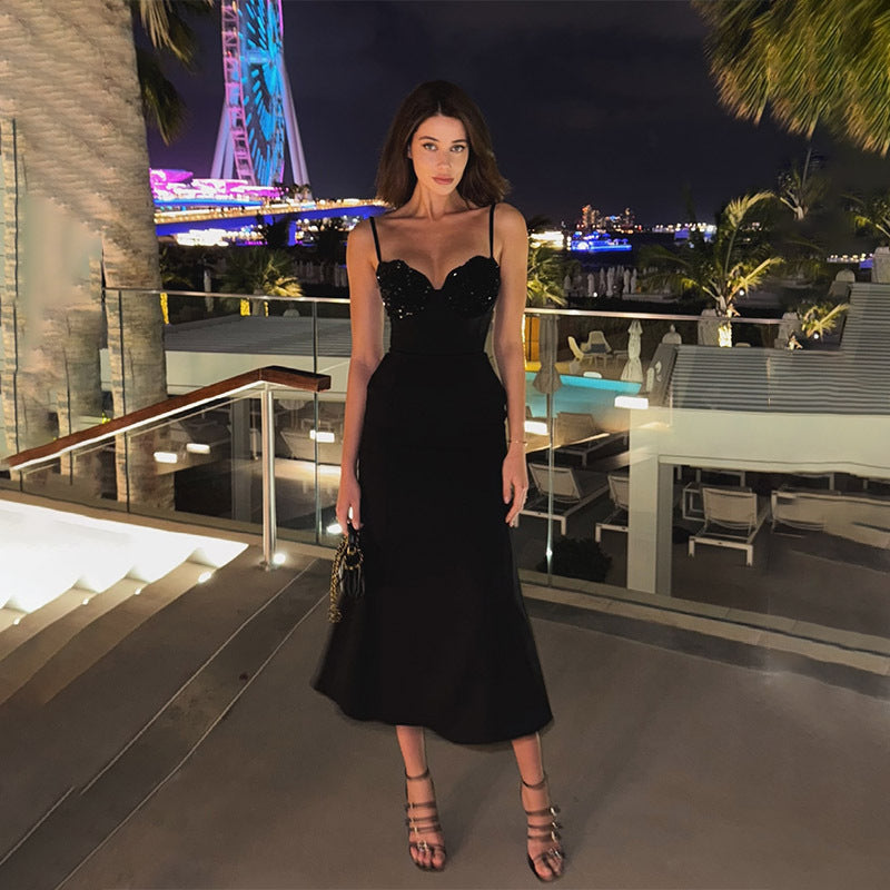 Sequin Sweetheart Spaghetti Strap Bustier Fishtail Midi Dress