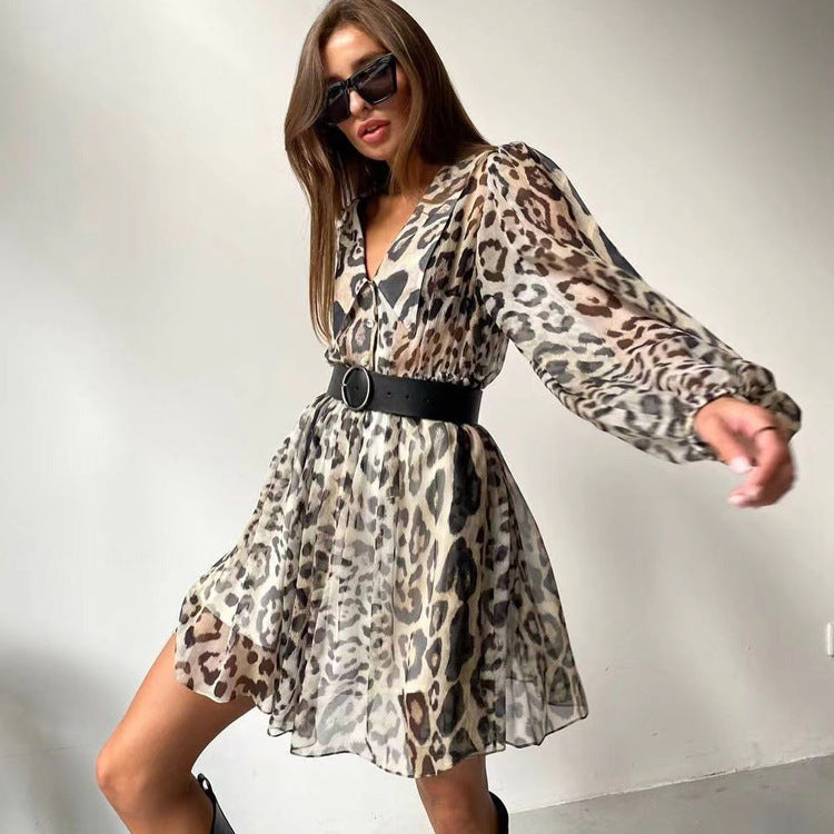 French Chiffon Dress Trend Doll Collar Long Sleeve Leopard Print Dress - View 4