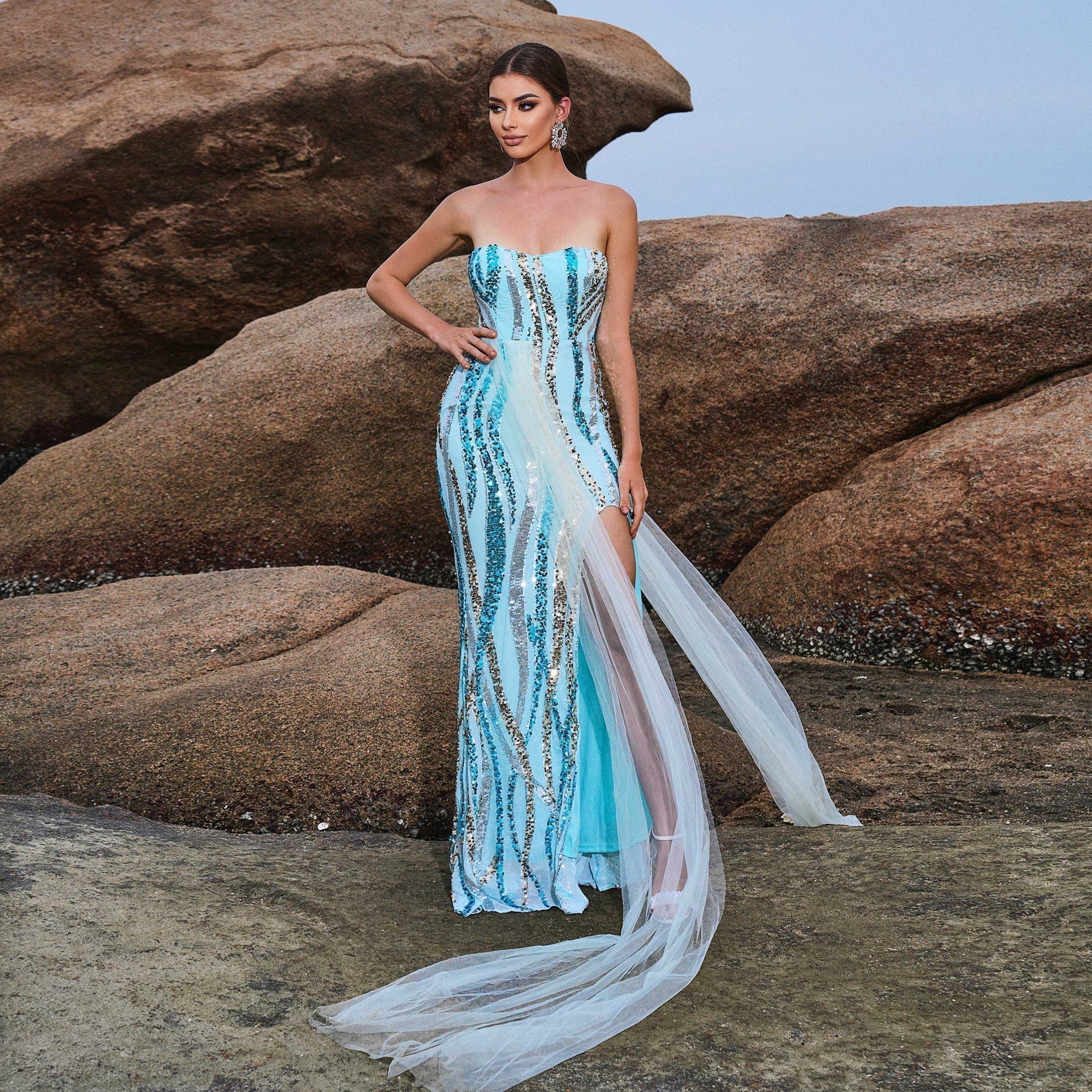 Sequin Strapless Sweetheart High Split Mermaid Evening Gown