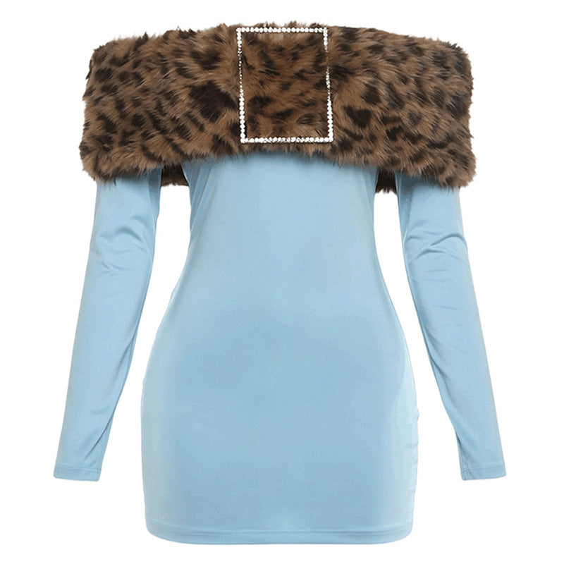 Leopard Faux Fur Off Shoulder Rhinestone Buckle Long Sleeve Bodycon Mini Dress 3