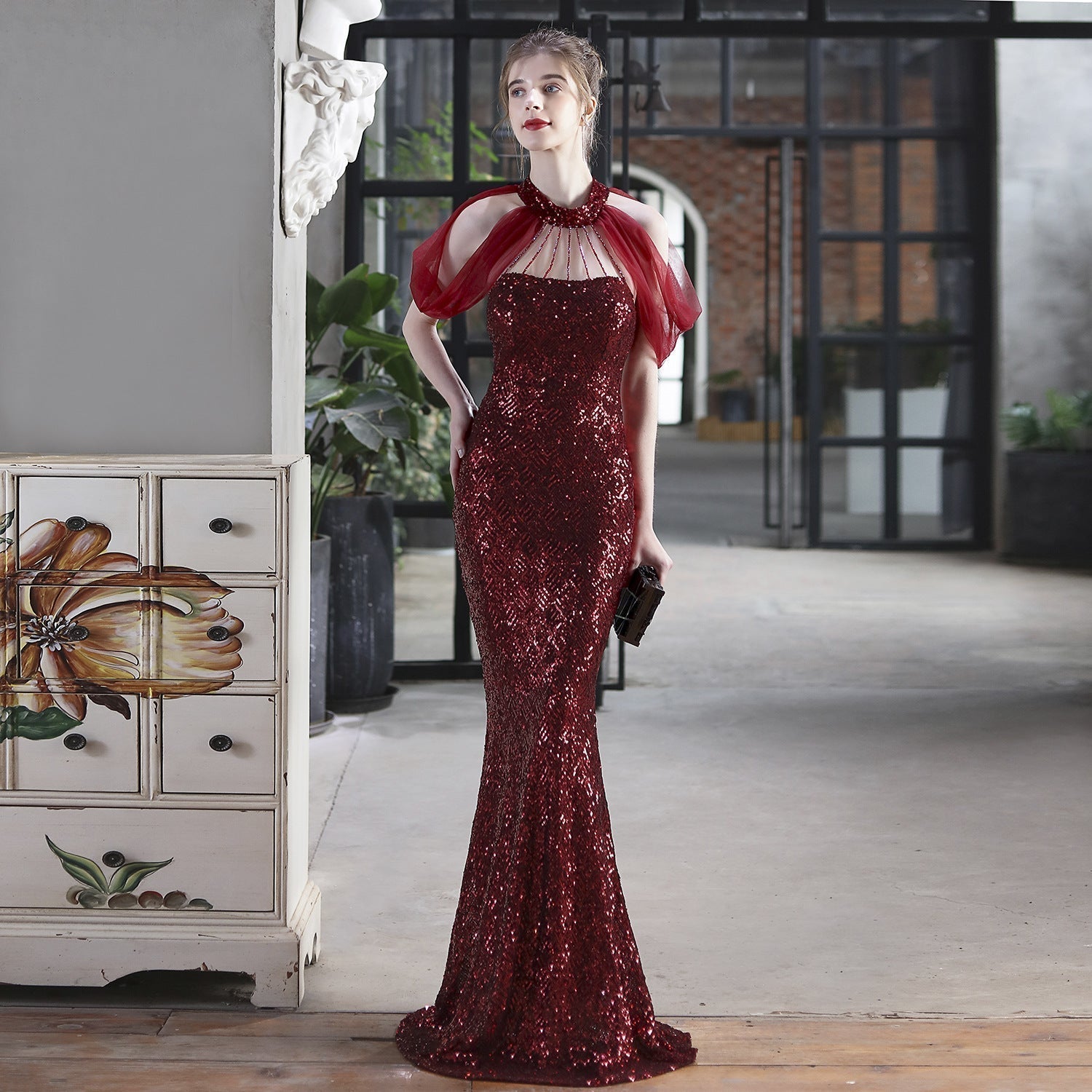 Sequin Halter Neck Sheer Cape Mermaid Gown