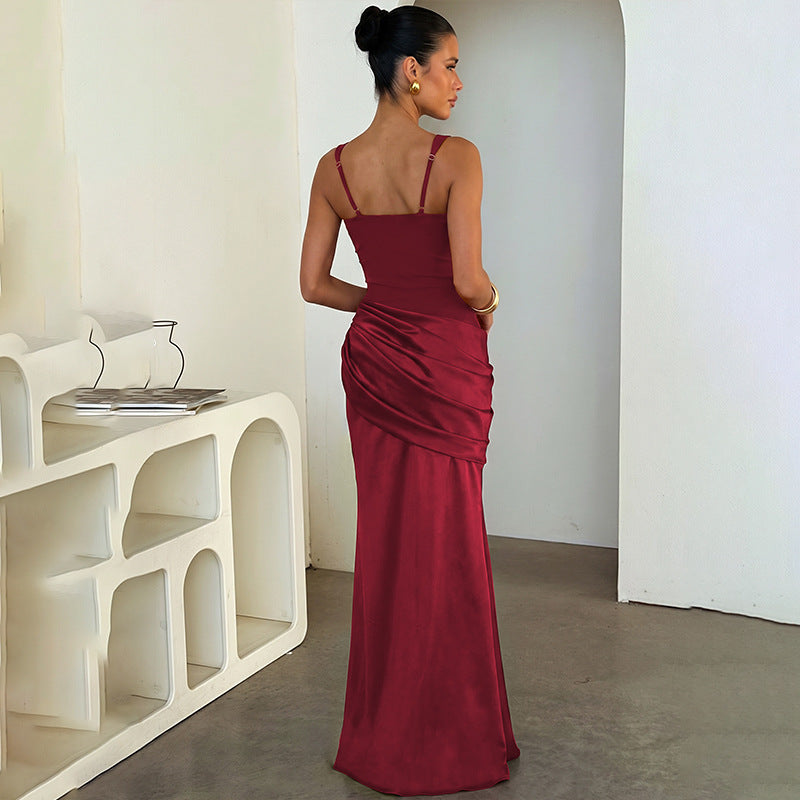 Fall Women Clothing Solid Color Square Collar Satin Splicing Sling Maxi Dress Fashionable Elegant Dress