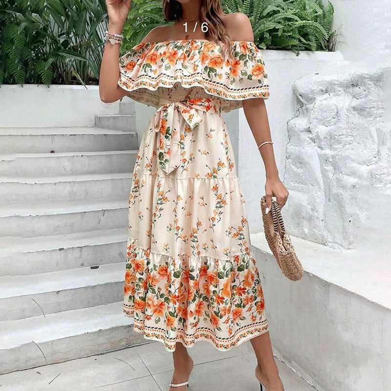 Off Shoulder Floral Ruffle Tiered Belted Maxi Dress 16
