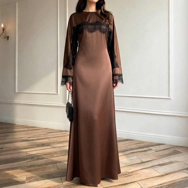 Satin Lace Trim Round Neck Long Sleeve A-Line Maxi Dress 2