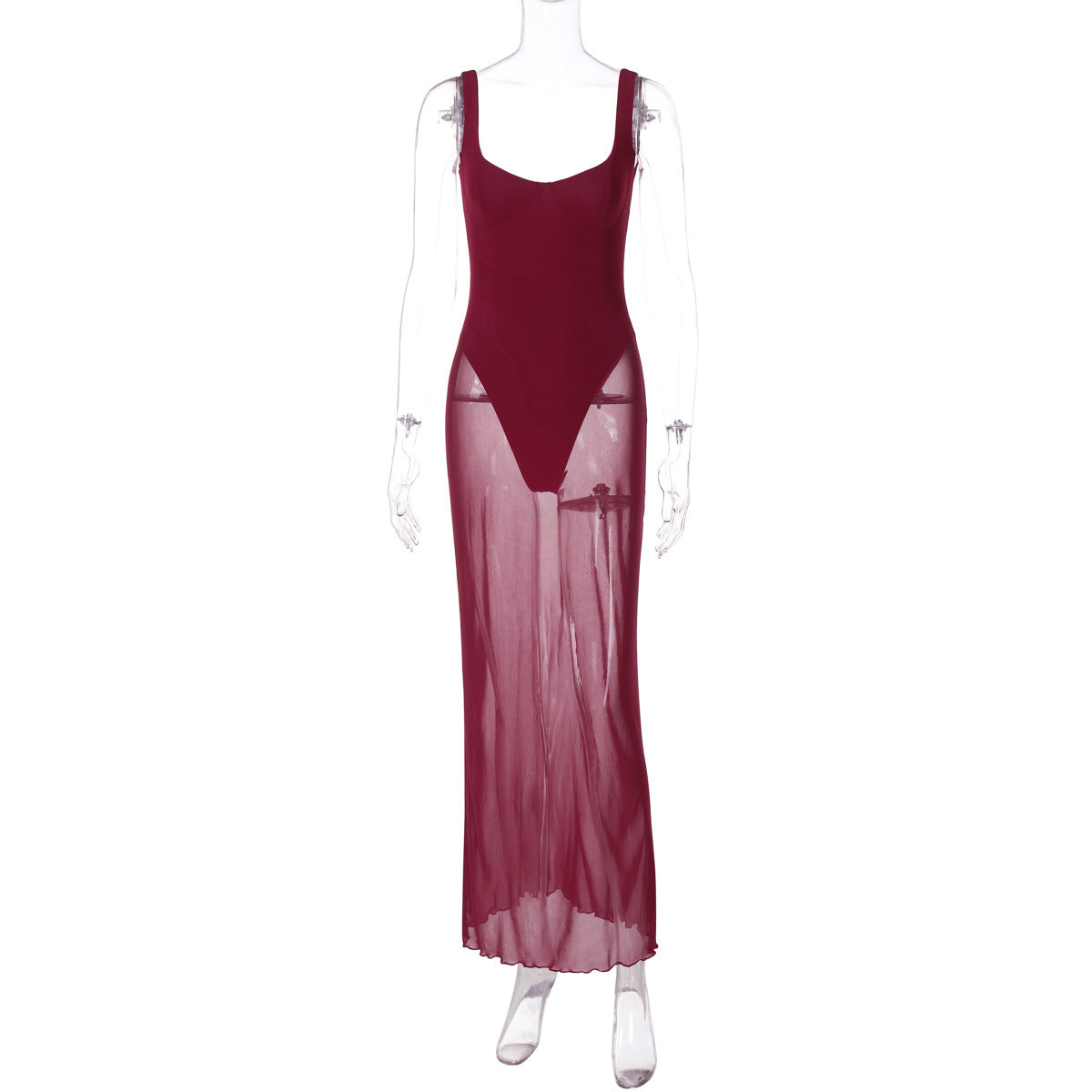 Bustier Scoop Neck Thick Strap Sheer Skirt Bodycon Maxi Gown