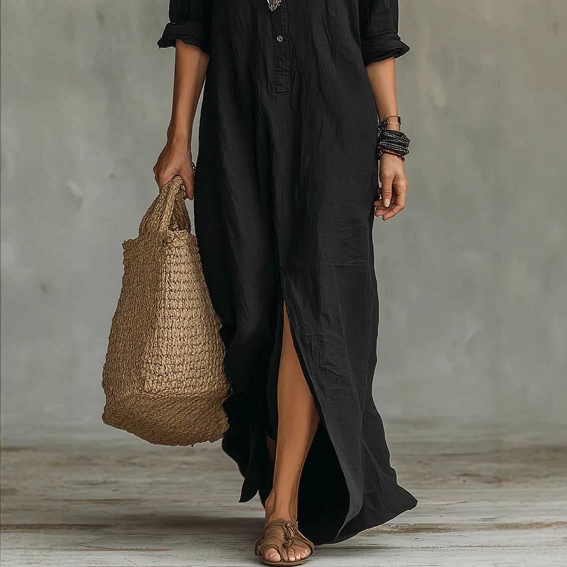 Collared Button Front Roll Tab Sleeve Front Split Maxi Shirt Dress 4