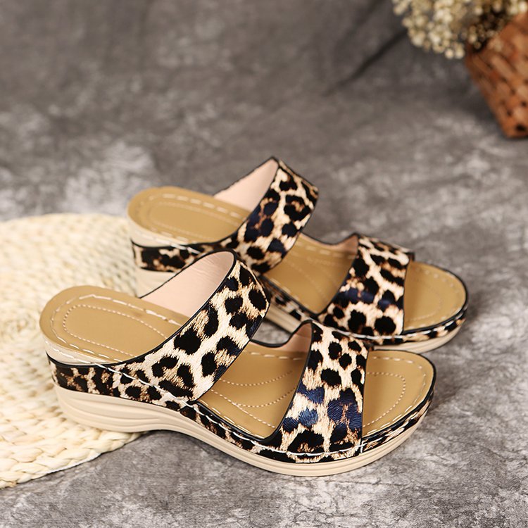 Round Toe Leopard Wedge Slippers
