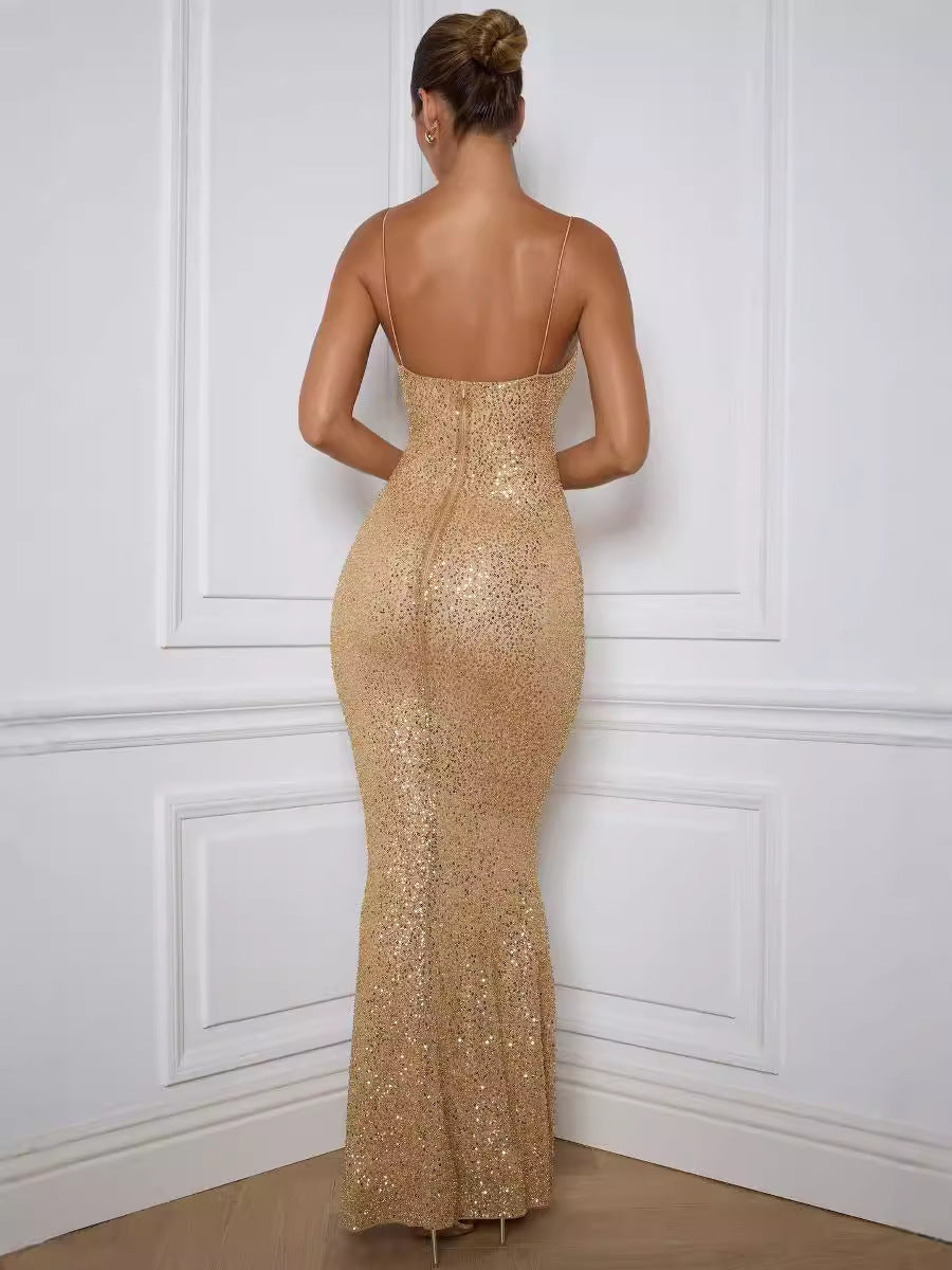 Sequin Spaghetti Strap Mermaid Bodycon Formal Maxi Gown