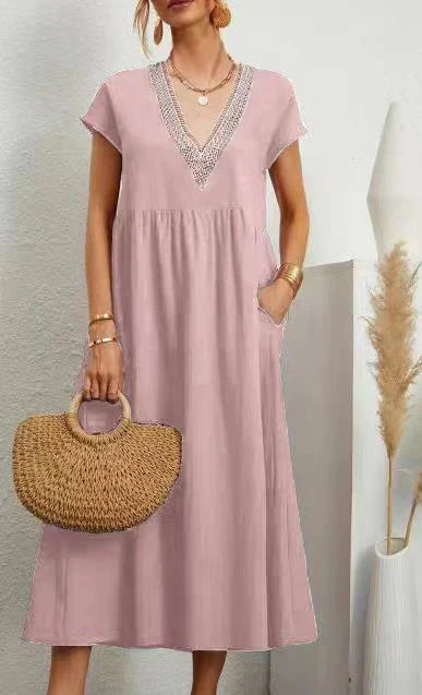 Lace Trim Border V-Neck Cap Sleeve Empire Waist Pocket Midi Dress