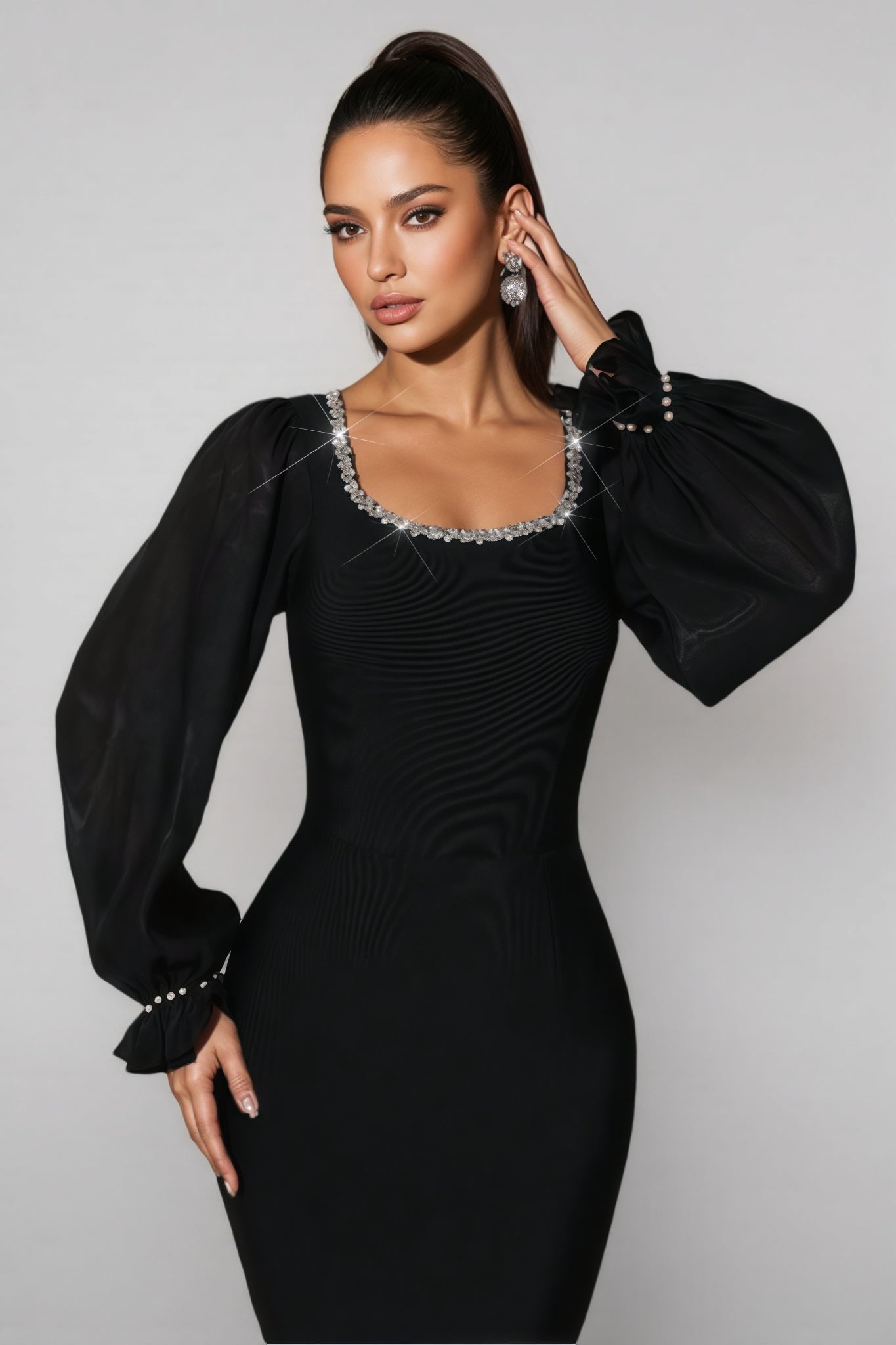 Thariy Black Square Neck Rhinestone Maxi Dress - View 2