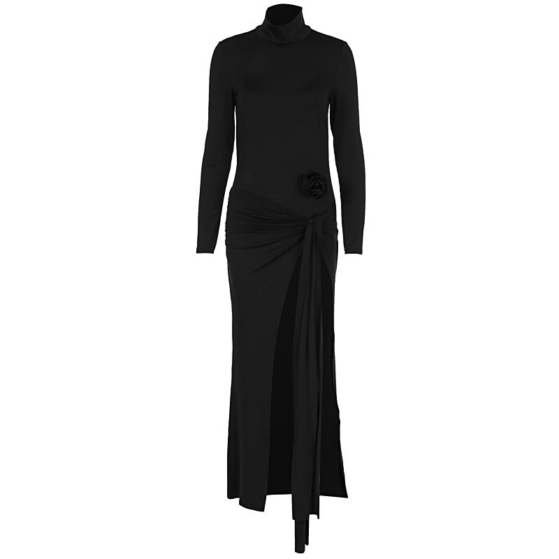 Mock Neck Long Sleeve Rosette Ruched High Split Maxi Dress 5