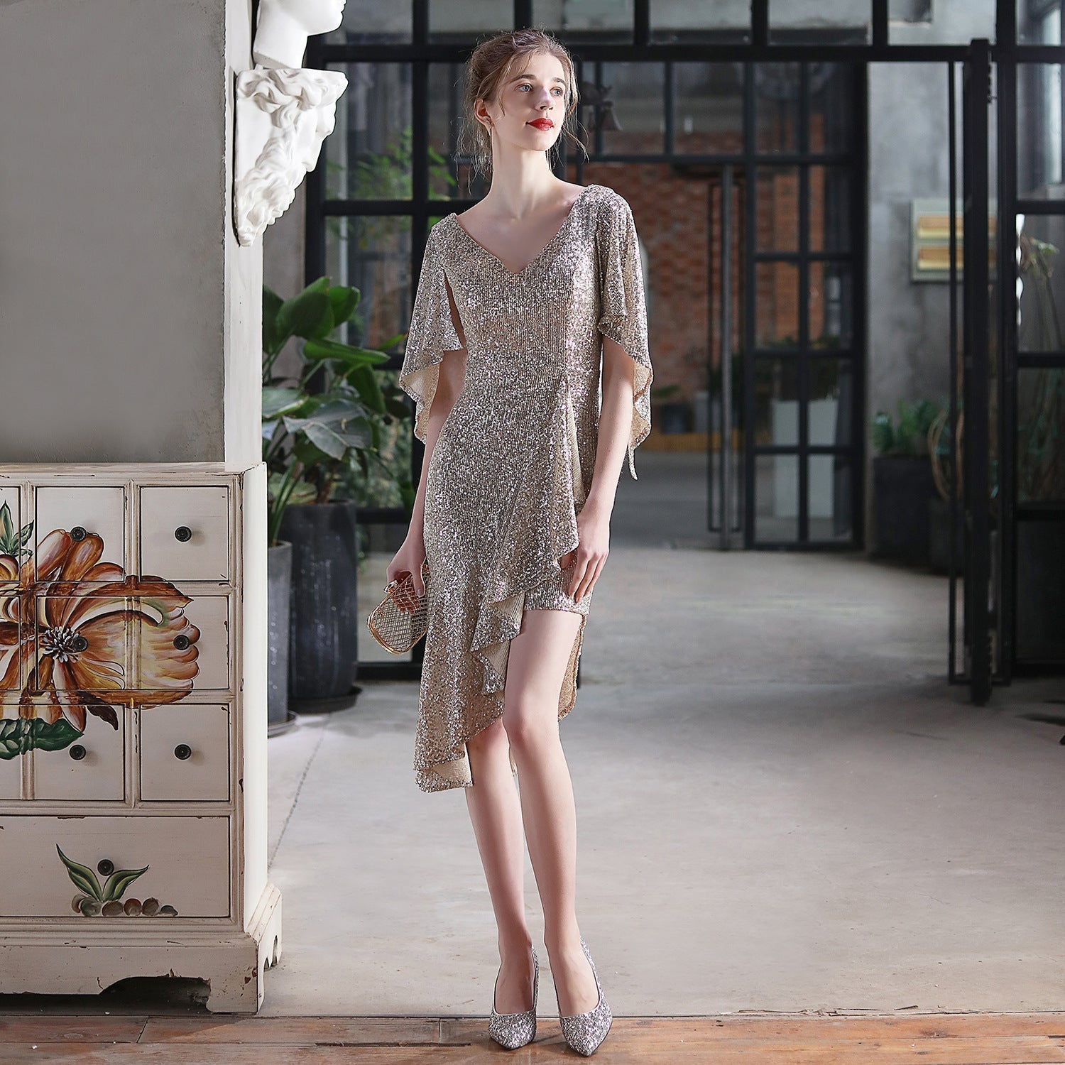 Sequin V-Neck Flutter Sleeve High Low Asymmetric Cocktail Dress