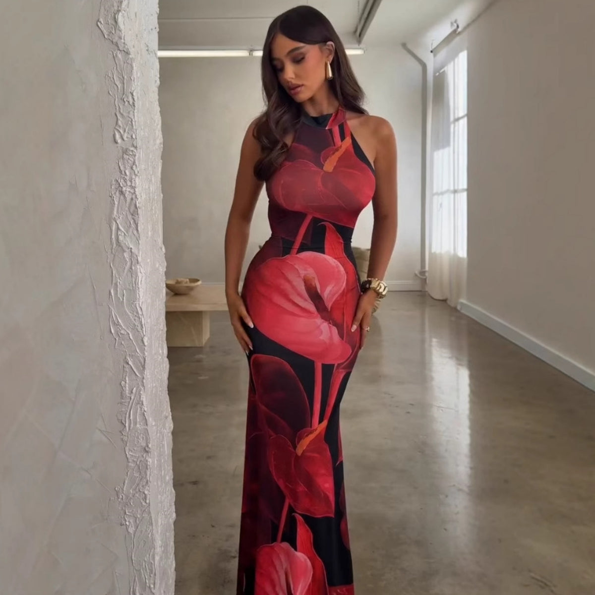Floral Print Halter Neck Sleeveless Bodycon Mermaid Maxi Dress