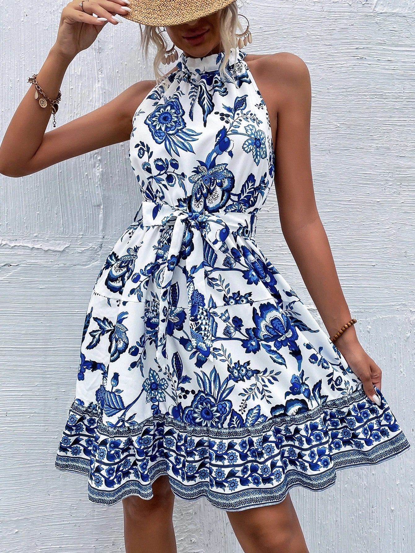Floral Halter Neck Tiered Ruffle A-Line Summer Mini Dress