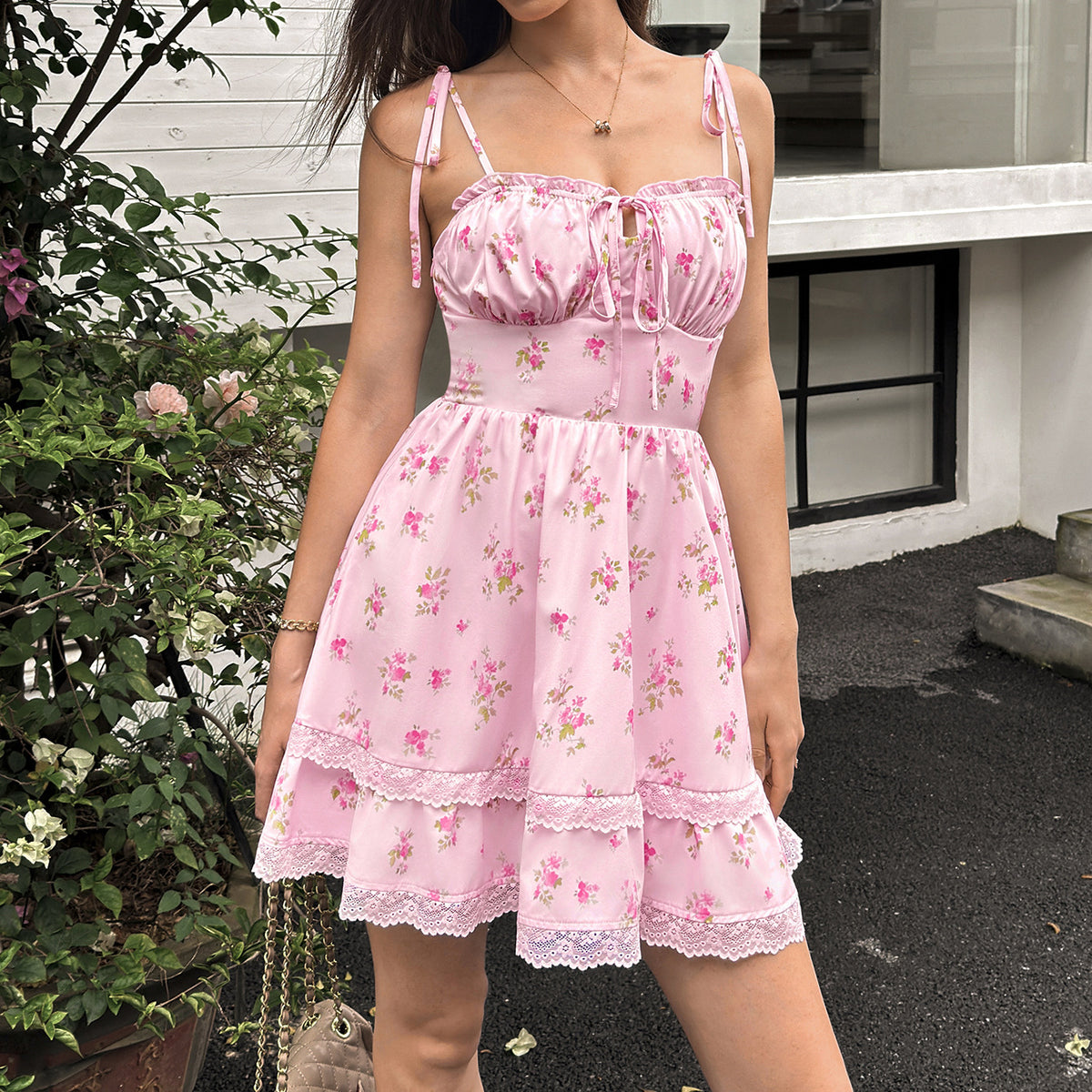 Lace Splicing Sling Dress Sexy Print Hollow Out Cutout out Strap Backless Waist Trimming A line Dress