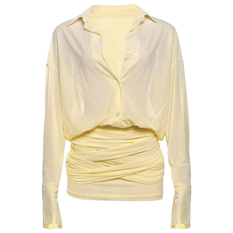Sheer Oversized Button Down Ruched Wrap Skirt Two-Piece Set