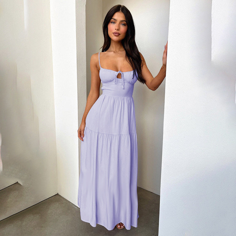Spaghetti Strap Ruched Tie Front Bust Keyhole Tiered Maxi Dress