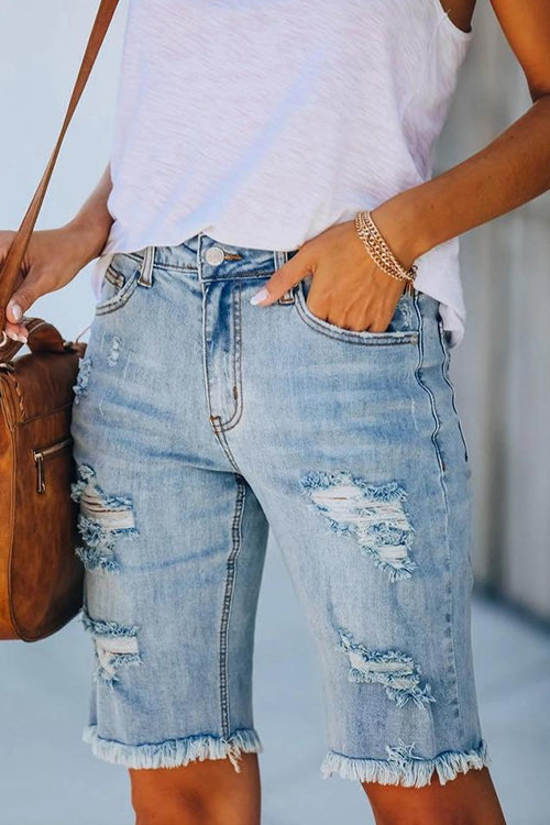 Rivets Ripped Capris Straight Denim Shorts