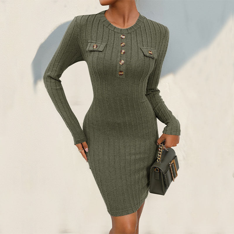 Knitted Emerized Sunken Stripe Knitted Dress Slim Solid Color Round Neck Long Sleeved Dress