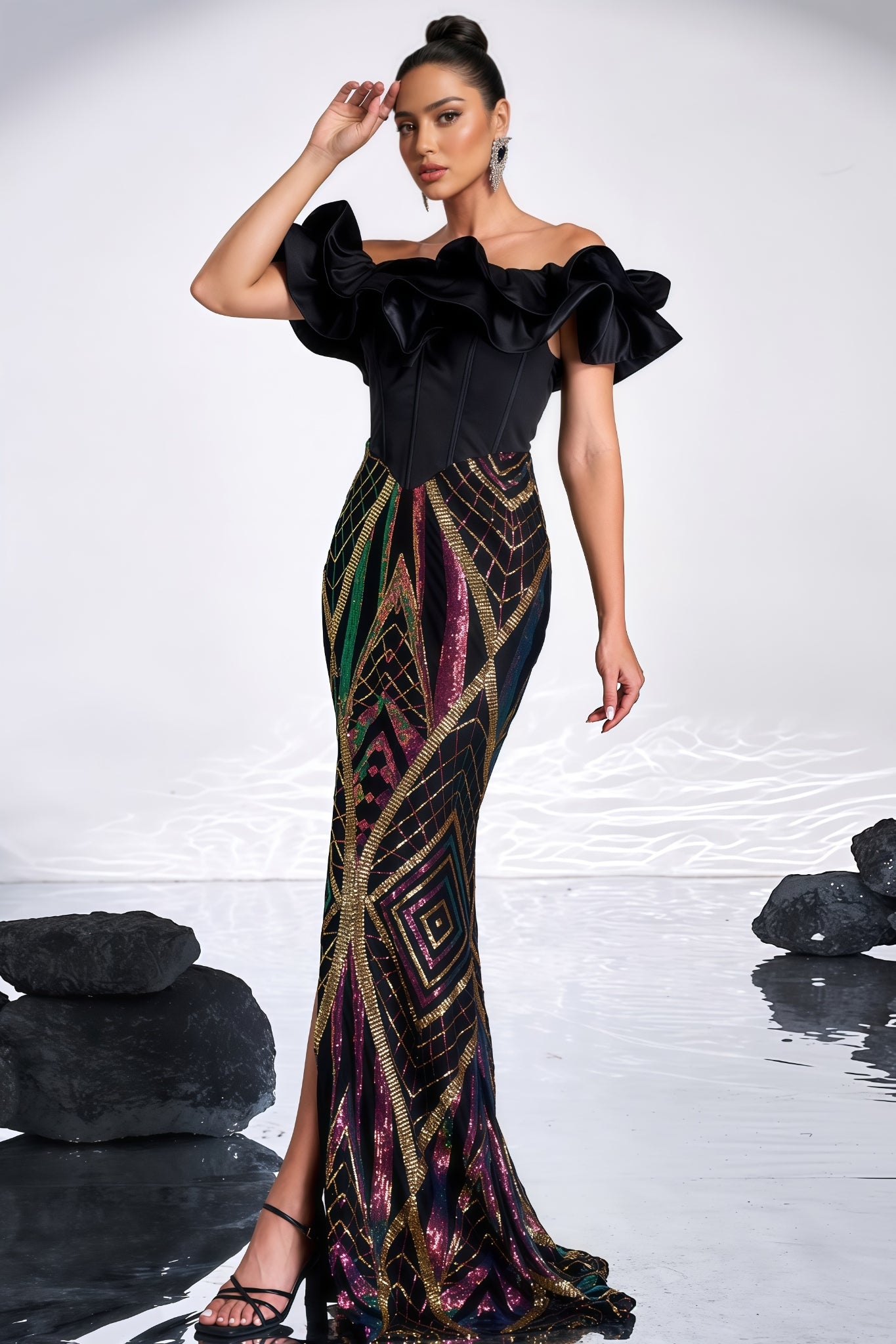 Sequin Off Shoulder Ruffle Corset Bodice High Split Mermaid Maxi Gown