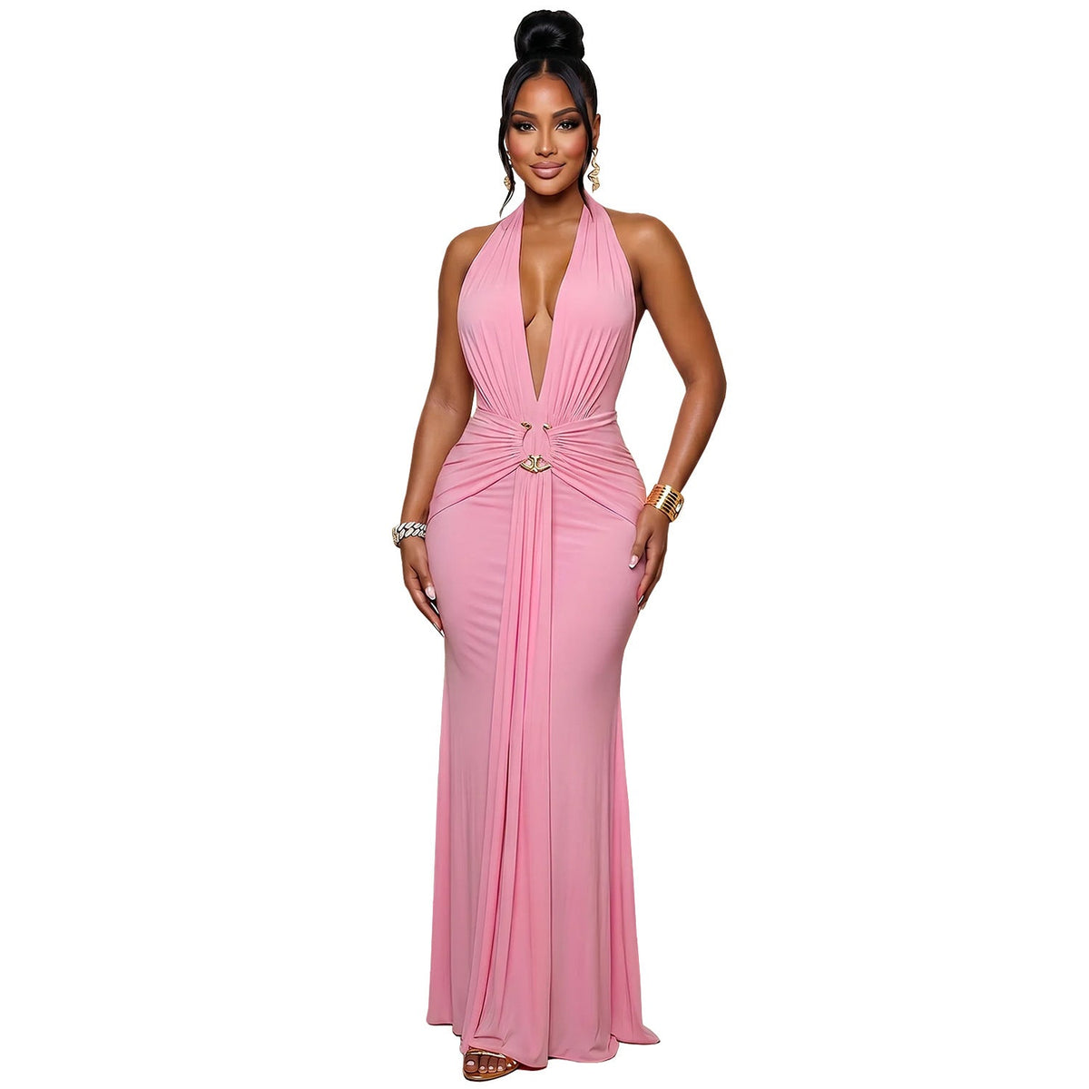 Halter Neck Deep V Plunge Ring Detail Draped Mermaid Maxi Dress 6