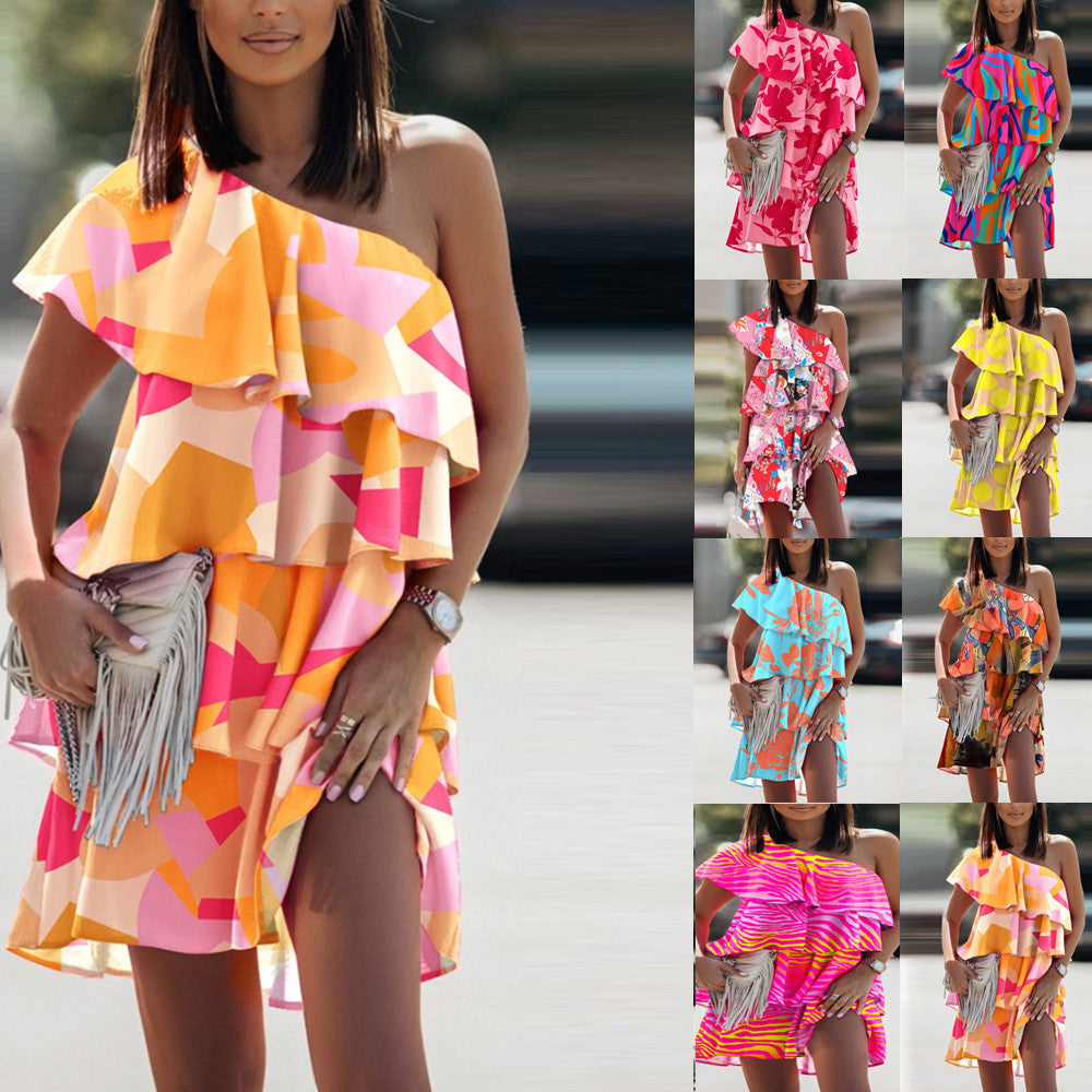 One Shoulder Floral Tiered Ruffle Mini Dress
