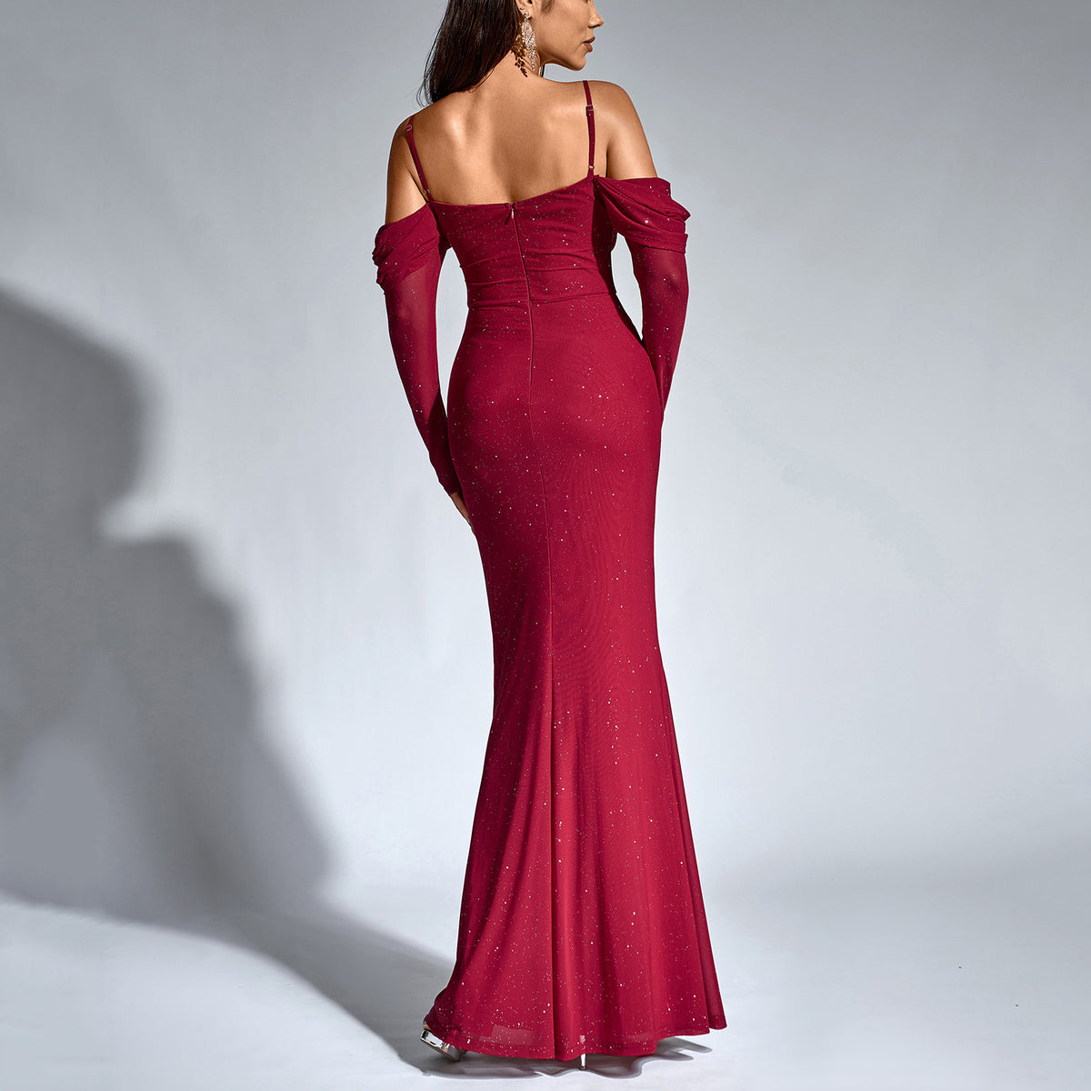Glitter Mesh Cold Shoulder Long Sleeve Ruched Mermaid Maxi Dress 3
