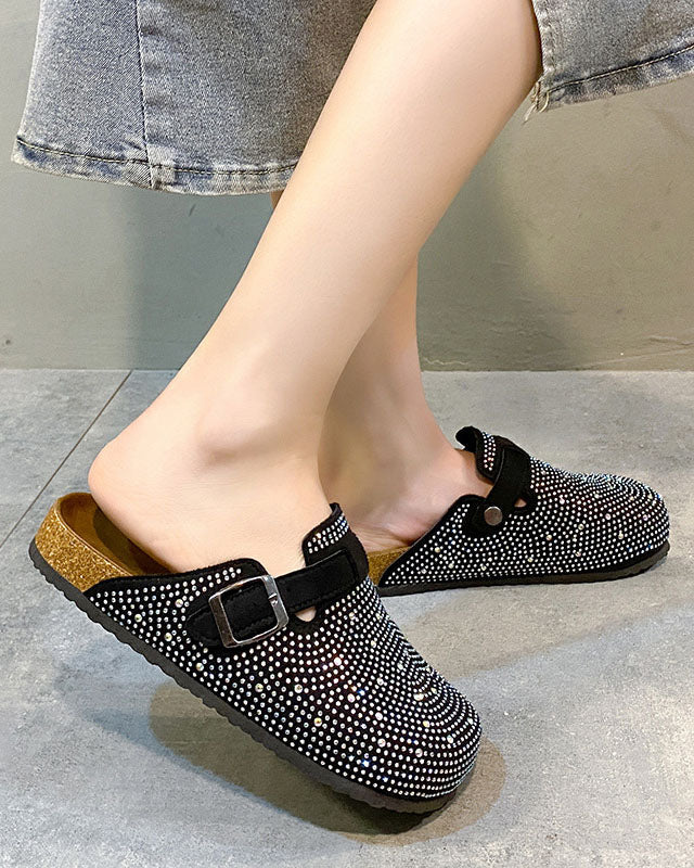 Embellished Rhinestone Closed-Toe Cork Slippers