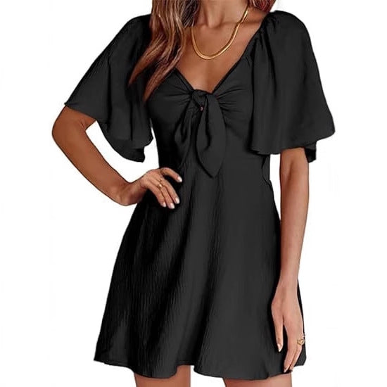 V-Neck Flutter Sleeve Tie Front A-Line Mini Dress 4