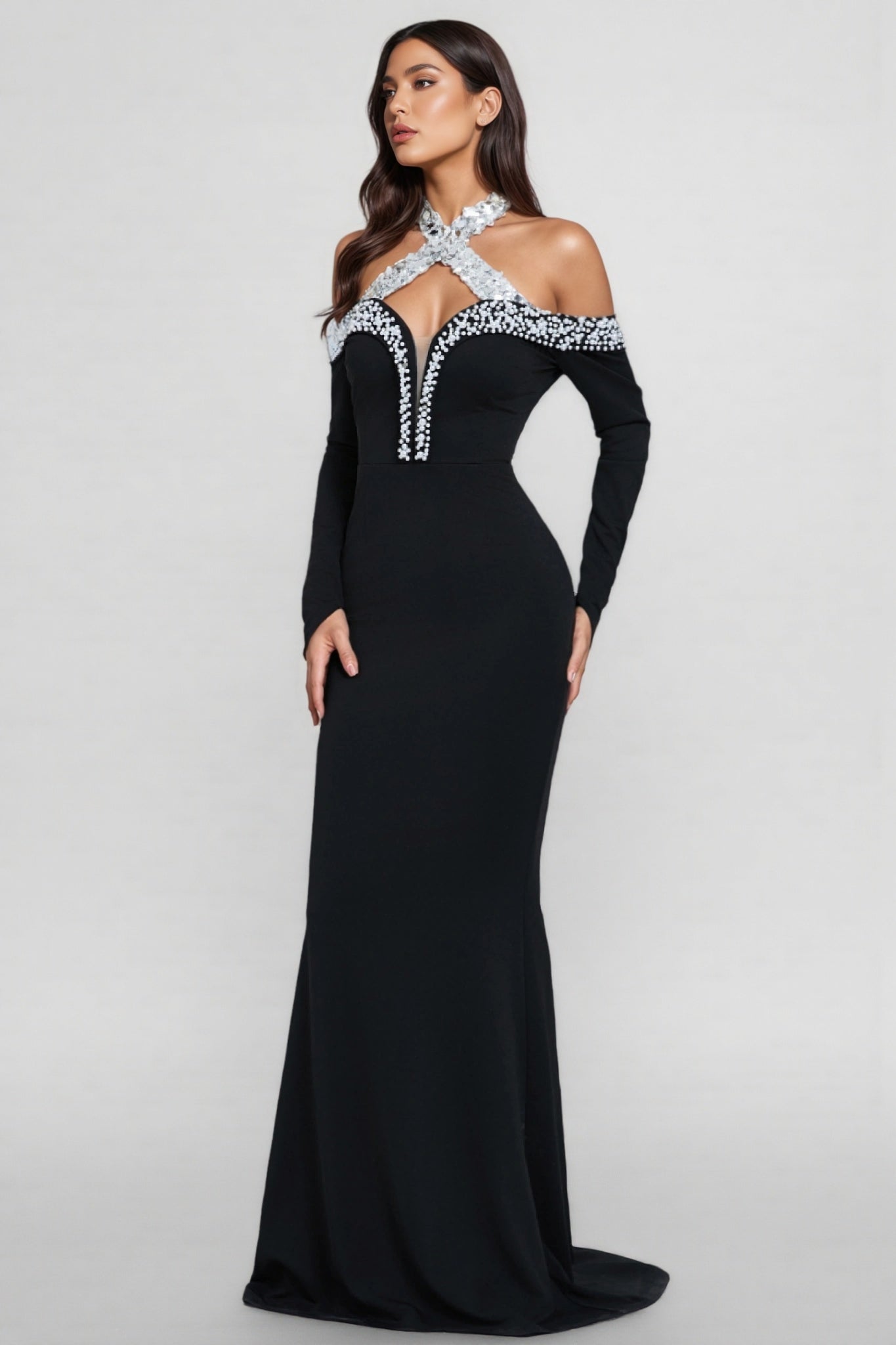 Rhinestone Halter Neck Off Shoulder Mesh Inset Thumbhole Sleeve Mermaid Gown