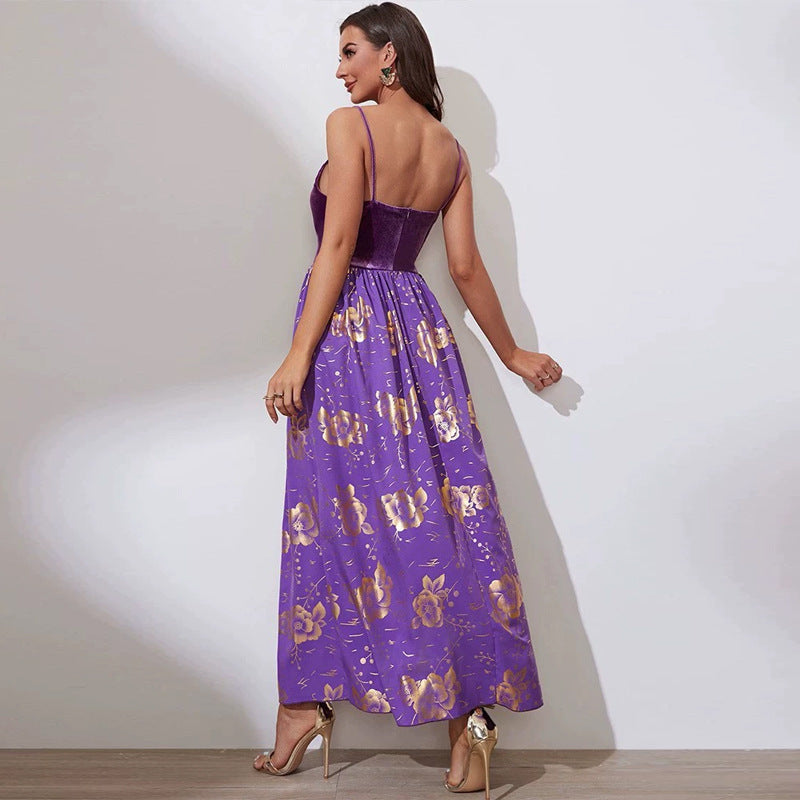 Velvet Spaghetti Strap Mesh Plunge Floral Print Pleated A-Line Maxi Dress