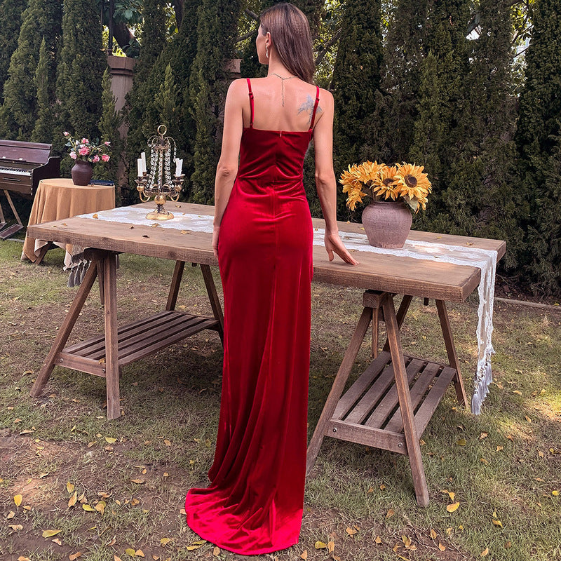 Velvet Spaghetti Strap Sweetheart Ruched High Split Mermaid Gown