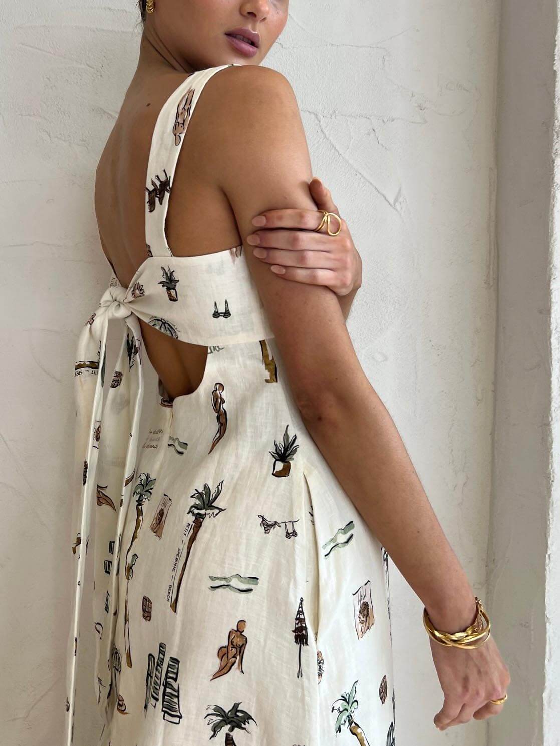 Palm Tree Resort Print Square Neck Wide Strap Pocket A-Line Maxi Dress 3
